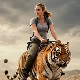 Emma Watson as Lara croft tomb raider riding a tiger on an upcoming movie cover, cinematic lighting