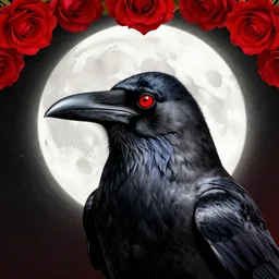 portrait, A proud crow with red eyes in front of the full big moon, book cover, red roses at the top, red white black colors, establishing shot, extremly high detail, foto realistic, cinematic lighting, pen and ink, drawing, by Yoshitaka Amano, Ruan Jia, Kentaro Miura, Artgerm, post processed, concept art, artstation, matte painting, style by eddie mendoza, raphael lacoste, alex ross