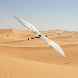 ornithopter with articulated wings flying over a beautiful desert with dunes, by moebius and greg rutkowski