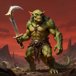 dog - faced muscular goblin, ugly face, lizard tail, holding scimitar made of bone, scimitar, sword, jagged sword, curved sword, orkish sword, colorized, green skin, red sky, wasteland, hyper - detailed, primeval fantasy, prehistoric fantasy, art by jacques - louis david