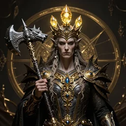 portrait of Morgoth Bauglir with three shining Silmarils in his iron crown, holding his ornate warhammer Grond shaped like a wolf head, in style of Doom, in style of Midjourney, insanely detailed and intricate, golden ratio, elegant, ornate, unfathomable horror, elite, ominous, haunting, matte painting, cinematic, cgsociety, James jean, Noah Bradley, Darius Zawadzki, vivid and vibrant