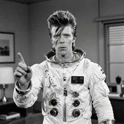 photorealistic medium close shot black and white cinematography of a 1 9 8 1 version of healthy david bowie in a cheesy 5 0's space suit acting as a man from outter space in a twilight zone episode that takes place in mid century modern apartment shot on film by the shining cinematographer john alcott on a cooke panchro 1 8 mm lens.