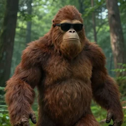 Bigfoot wearing sunglasses, found footage, 35mm, forest, unreal engine 5