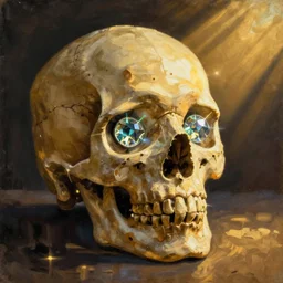 still life painting of a skull with neon glowing crystal eyes, by pieter claesz, oil on canvas, strong lighting, highly detailed, hyper realism, golden hour, god rays, hd, 4 k