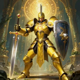 full body, attack position Delphin Enjolras and Ruan Jia painting in lush fantasy environment of a ornate holy mechanical warforged with circular glowing eye, character in yellow armor holding a legendary paladin engraved holy great longsword and carrying a huge heavy paladin shield, vertically flat head, face in focus, epic , trending on ArtStation, masterpiece,  cinematic lighting
