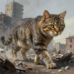 gigantic cat walking on apocalyptic city, very detailed fine art, trend of artistation, style of jazinski and repin