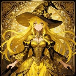 symmetry!!!!!! beautiful anime yellow witch close portrait, wearing ornate clothing, ultra detailed, elegant, intrincate, small eyes, anime, fairy tale, dynamic lighting, digital art, digital painting, artstation, wlop, sharp focus, illustration, art by artgerm and greg rutkowski and alphonse mucha, 8 k