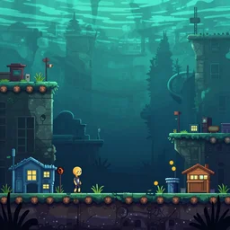 beautiful art for a 2d side scroller game set in an underwater fallout survival base inspired by night in the woods