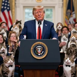 president donald trump giving a speech to all the people of america but everyones a cat