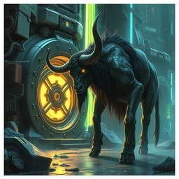 creepy minotaur with horns next to cyberpunk portal gate. grand. sci - fi scene by pedro correa and william gibson r / characterart