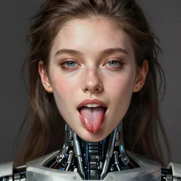 attractive female i robot sticking out the tongue, seven deadly sins, close - up portrait, intricate, elegant, volumetric lighting, scenery, digital painting, highly detailed, artstation, sharp focus, illustration, concept art, luis rollo, ruan jia, steve mccurry, john berkey