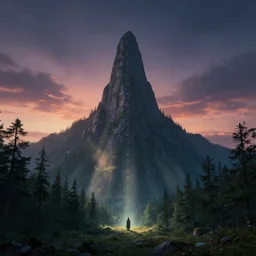 a single tall mountain reaching towards space at twilight, an ecological gothic scene, a beautiful druid in the distance, witch runes in the deep forest, magical clearing, sunshafts, dramatic lighting, dust motes floating in the sunlight, 4 k concept art