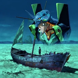 turquoise moonlight, a figure stands beside his wrecked sailing vessel at the bottom of a dried - up lake in a turquoise desert beneath a starless night sky, evangelion, kyoto animation still, intricately detailed features, digital painting, yoshiyuki sadamoto