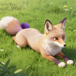 an anthropomorphic fox woman with light fur and with purple hair in a pony tail, laying on a field of grass