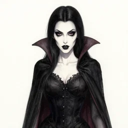 a highly detailed professional watercolor and ink portrait of a female vampire, morbid, gothic, creepy, black and white and red, dark aesthetic, ominous, intricate design, detailed shiny hair, dripping paint, pen markings, atmospheric,