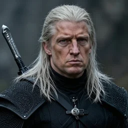 donald trump as geralt of rivia from the witcher movie, dramatic film still, close - up, details, sigma 7 5 mm