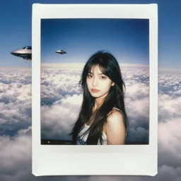 a polaroid portrait of a beautiful young woman, detailed clouds, a ufo is visible in the sky, heavy film grain, color bleed