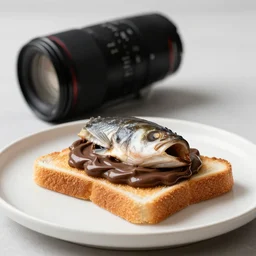 toast with nutella and a fish head, food photography, 5 0 mm f / 1. 6, bokeh, sigma lens, elegant