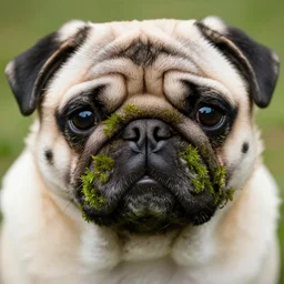 closeup of a pug with moss growing out of its face folds, macro photography, overgrown pug, high resolution photo, trending on artstation