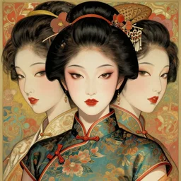 a japanese showgirl with chinese cheongsam, detailed faces, digital concept art by artgerm, greg rutkowski and alphonse mucha, 8 k, hyper detailed