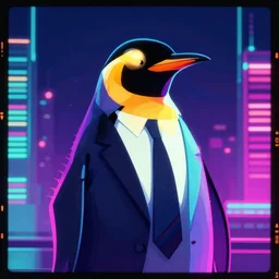penguin headed businessman, portrait, vaporwave, synthwave, neon, vector graphics, cinematic, volumetric lighting, f 8 aperture, cinematic eastman 5 3 8 4 film, photorealistic