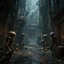 a dark steamy alley on a offworld planet colony in the year 2 1 3 2, outside the alley pass by many different alien species, photo realistic, ultra detailed