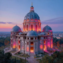 a beautiful photorealistic painting of domed city architecture unfinished building by eugene boudin, wilderness at dawn fisheye neon noir, archdaily, wallpaper, highly detailed, trending on artstation.