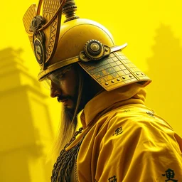 profile of old samurai, cyberpunk, vibrant yellow colors, surreal, french baroque style by alexander mcqueen, hyper detailed, cinematic, art by bill sienkiewicz trending artstation, octane render