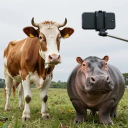 selfie stick photo of a cow and its hippopotamus best friend. photograph. nature photography. high quality.
