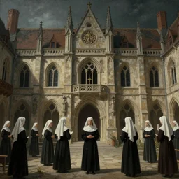 a painting of a cinematic keyframe of a medieval hospice building in a gothic medieval town, with nuns with white veils, by greg rutkowski, rule of thirds, golden ratio, ambient lighting, wlop, artgerm, artstation, highly detailed masterpiece, high detail, trending on artstation