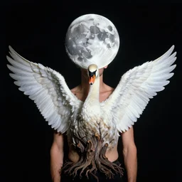 helmut newton photograph of a man with the moon for a face, swan wings, a tree body, 3 5 mm, studio lighting