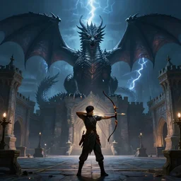 digital illustration of an archer shooting an arrow at a huge black dragon on a medieval palace courtyard at night, high quality, epic, dnd, fantasy art, artstation, dramatic lightning, symmetrical