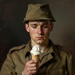 portrait of a sad soldier with an ice cream in his hand by emile friant