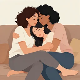 beautiful portrait of a mixed race lesbian couple cuddling on the sofa, 2 8 4, romantic, highly detailed, smooth, highly stylized, artistic, medium shot, vector line art, clean cel shaded vector art, by lois van baarle, ross tron, artgerm, helen huang, makoto shinkai, ilya kuvshinov, rossdraws