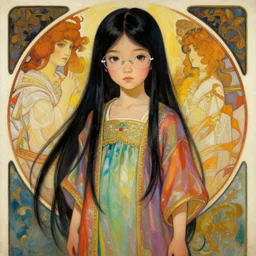 beautiful oriental woman about 2 3 years old, amorous eyes wearing a long gown, long black hair, rimless glasses, very thin octane render, vivid colors, artstation, painting by artgerm, face by wlop, by greg rutkowski, by jeremy mann, by alphonse mucha, by boris vallejo.