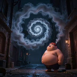 chubby cartoon concept art, spiral, a dark night alley, from lorax movie, spiral smoke clouds, sam and max