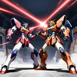 two mechs dueling in arena, lasers, by issei hyouju