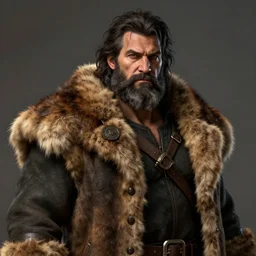 fantasy middle - aged burly lumberjack with a beard, dungeons and dragons, realistic, dark hair, wearing a fur coat, high quality matte painting
