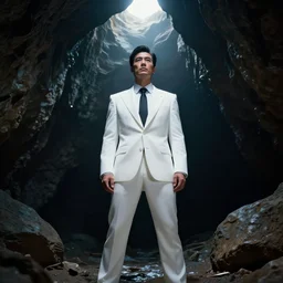 a bright advanced man suit in the middle of a dark cave woth light from above , dramatic , scenematic , 4k
