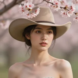 a candid portrait of a western female wearing a hat with sakura on top, summer bloom, au naturel, hyper detailed, digital art, trending in artstation, cinematic lighting, studio quality, smooth render, unreal engine 5 rendered, octane rendered, art style by klimt and nixeu and ian sprigger and wlop and krenz cushart