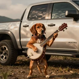 A folkpunk brown hound dog playing the banjo in front of a pickup truck