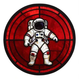 red and black stained glass with an astronaut in the middle