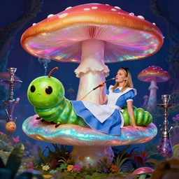 gwyneth paltrow as a caterpillar smoking a hookah, while relaxing on an iridescent giant mushroom, vibrant colors, creepy, psychedelic, surrealistic, alice in wonderland