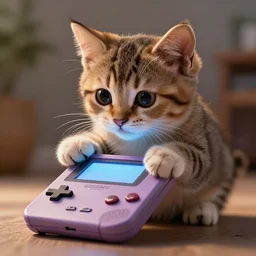 a kitten grabbing a gameboy, hypperrealistic illustration, cinematic lighting