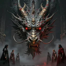 symmetrical giant dragon head, calm, muted colors, cinematic romantic magical, myth, mythical, monumental, mythic, fairy, masterpiece, side profile, crazed, deep dark armor, luminescent, greek myth, wisdom, bloody red colors, by greg manchess, huang guangjian, gil elvgren, sachin teng, greg rutkowski, jesper ejsing, ilya kuvshinov