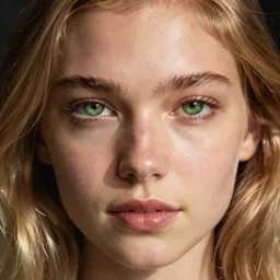 a person with green eyes and blonde hair, hazel eyes