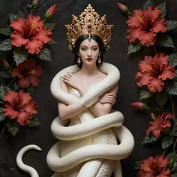 beautiful oriental woman with gorgeous crown, symmetrical portrait, realistic, full body, white snake wrapped around body, hibiscus rosa - sinensis, rich in detail, by wlop