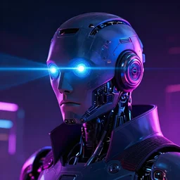 ai robot profile picture futuristic neon vibrant laser eyes cyberpunk, ready player one, dark knight