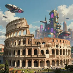 futuristic colosseum in rome, steampunk neon city in the background, spaceships, futuristic, matte painting, high detail, dreamy, natural light, artstation, by hayao miyazaki