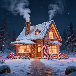 a foot path leads to a modern gingerbread house designed by a fairy tale and frank lloyd wright. from the house delicious smelling thick smoke curls out of a chimney. in front of the house is a sculpture made from a candy cane. snow flurries are the air, it's magic. rgb ambient backlit. digital art, epic fantasy, awe inspiring, dramatic lighting, cinematic, extremely high detail, photorealistic, cinematic lighting, trending on artstation, artstation, cgsociety, 3 d octane unreal engine, 4 k, hq,